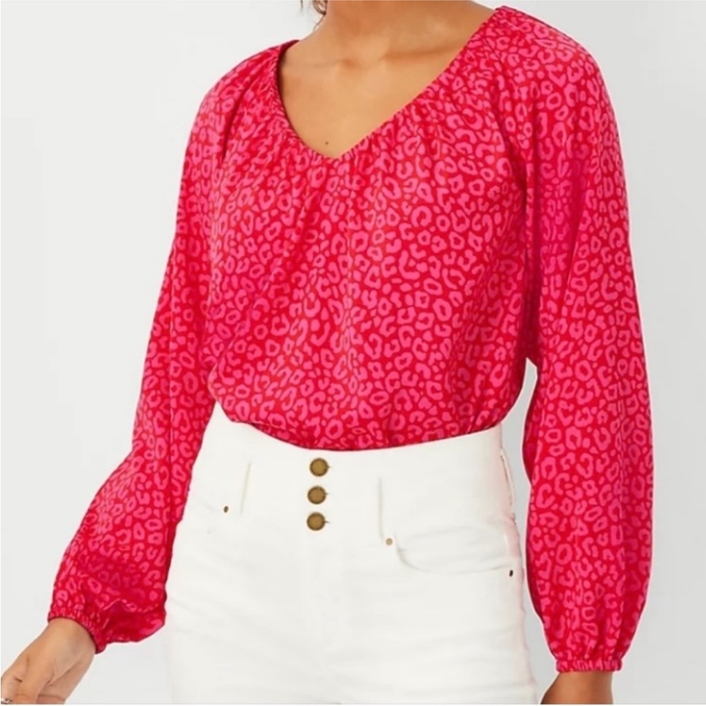 Ann Taylor Petite Red Pink Animal Print  Blouse XSP